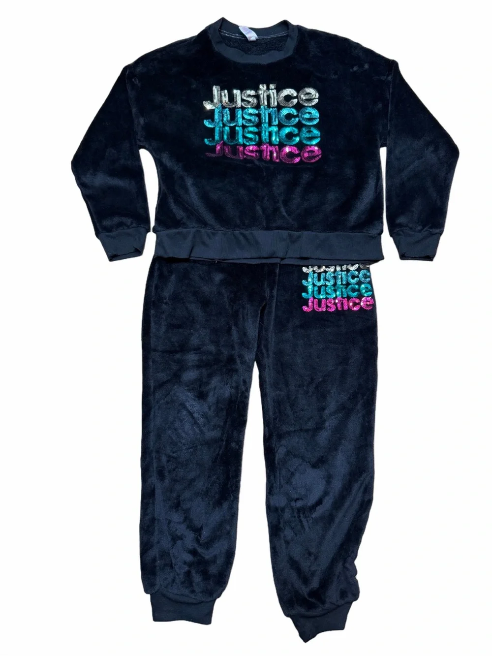 Justice Black Faux Fur Sequin 2 Piece Sweatshirt Jogger Set XL Plus 16P/18P